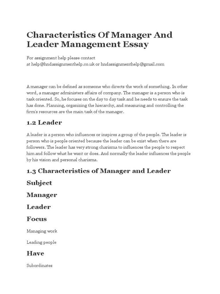 Characteristics of Manager and Leader Management Essay | Download Free ...