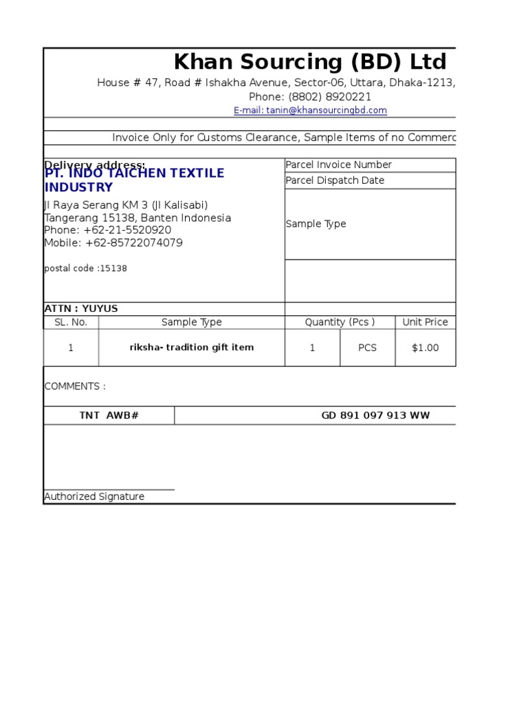 Customs Invoice for Sample Items | PDF