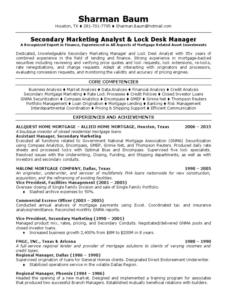 Secondary Marketing Analyst Lock Desk Manager in Houston TX Resume