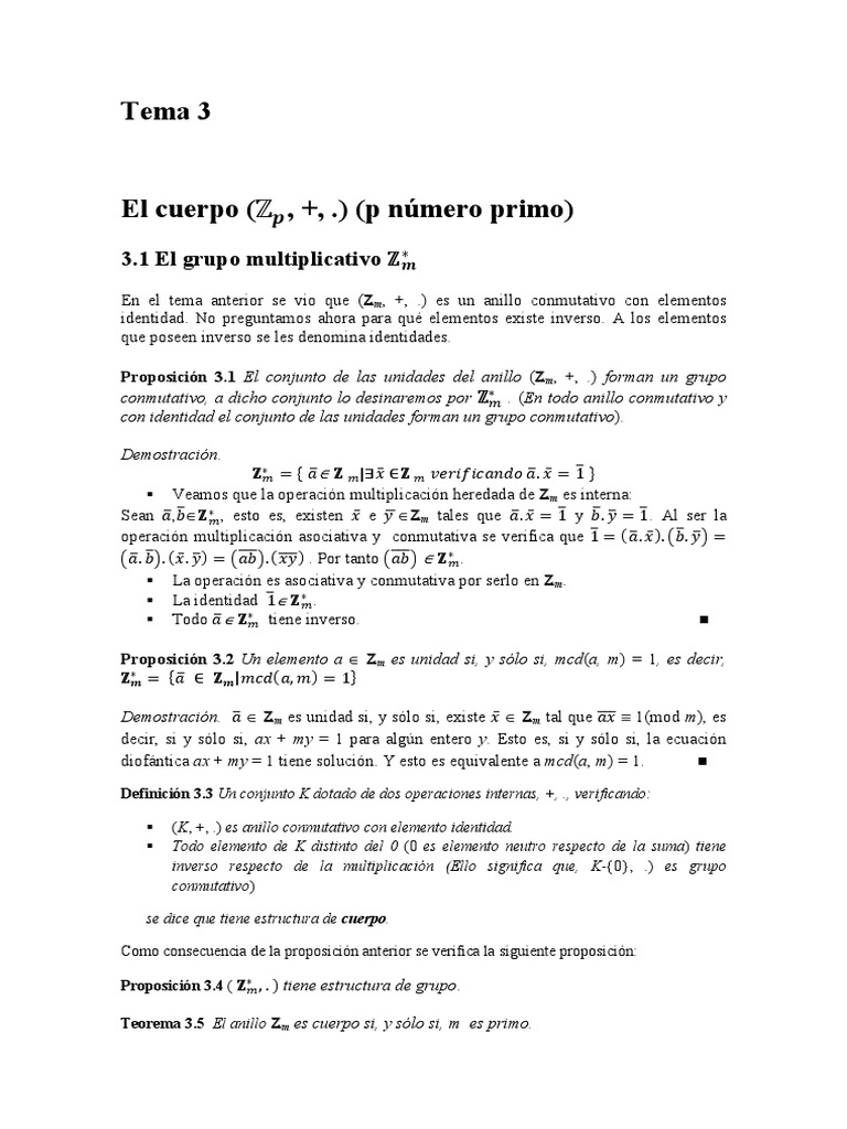 Tema3 El Cuerpo Zp Numero Primo Campo Matematicas
