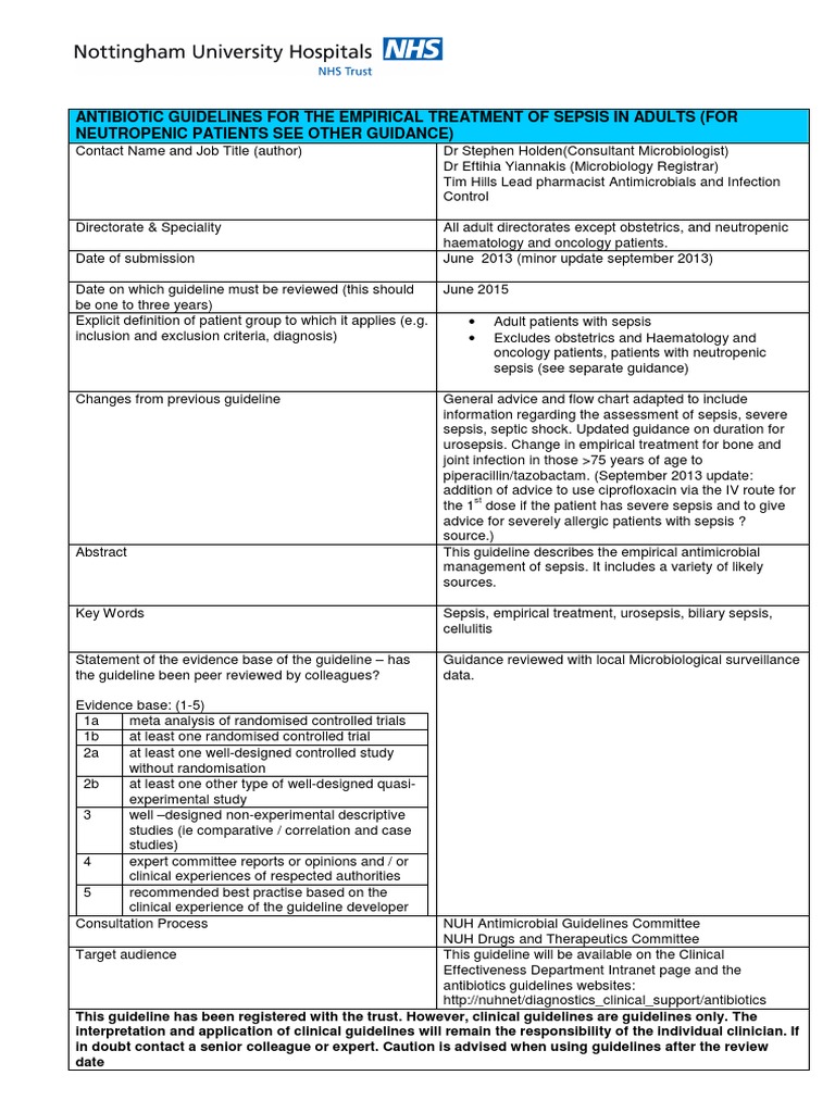 Sepsis Antibiotic Treatment Guidelines | PDF | Sepsis | Staphylococcus ...