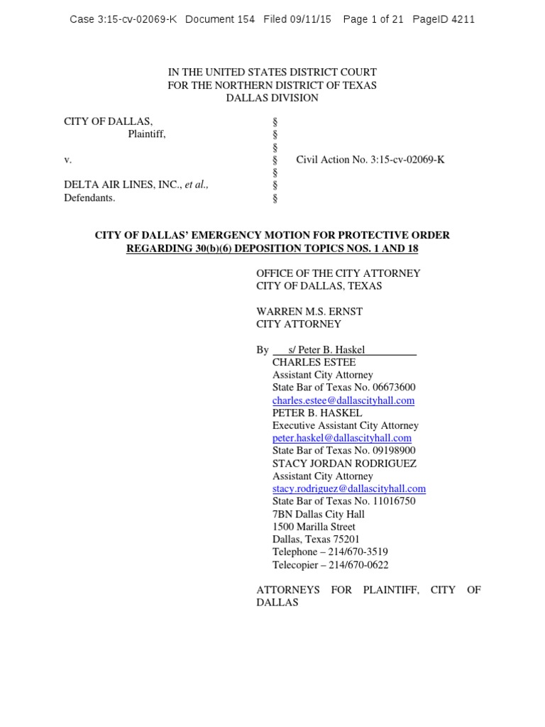 Dallas Emergency Motion For Protective Order Discovery (Law) Deposition (Law)