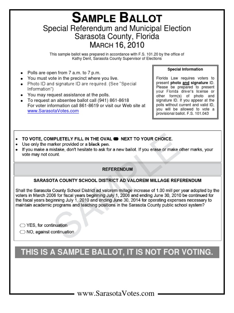 Sample Ballot Sarasota County March 16, 2010 PDF Early Voting Voting