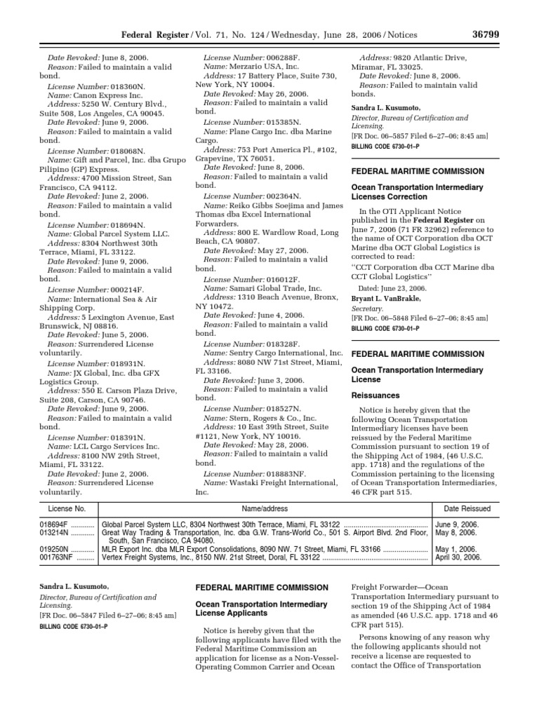 Revoked Ocean Transportation Licenses | PDF