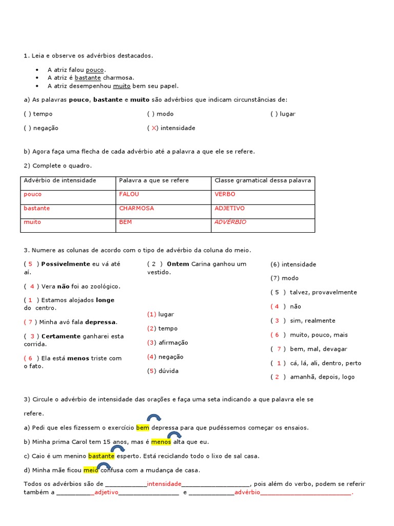 Adjunto Adverbial Exercícios Com Gabarito 8o Ano