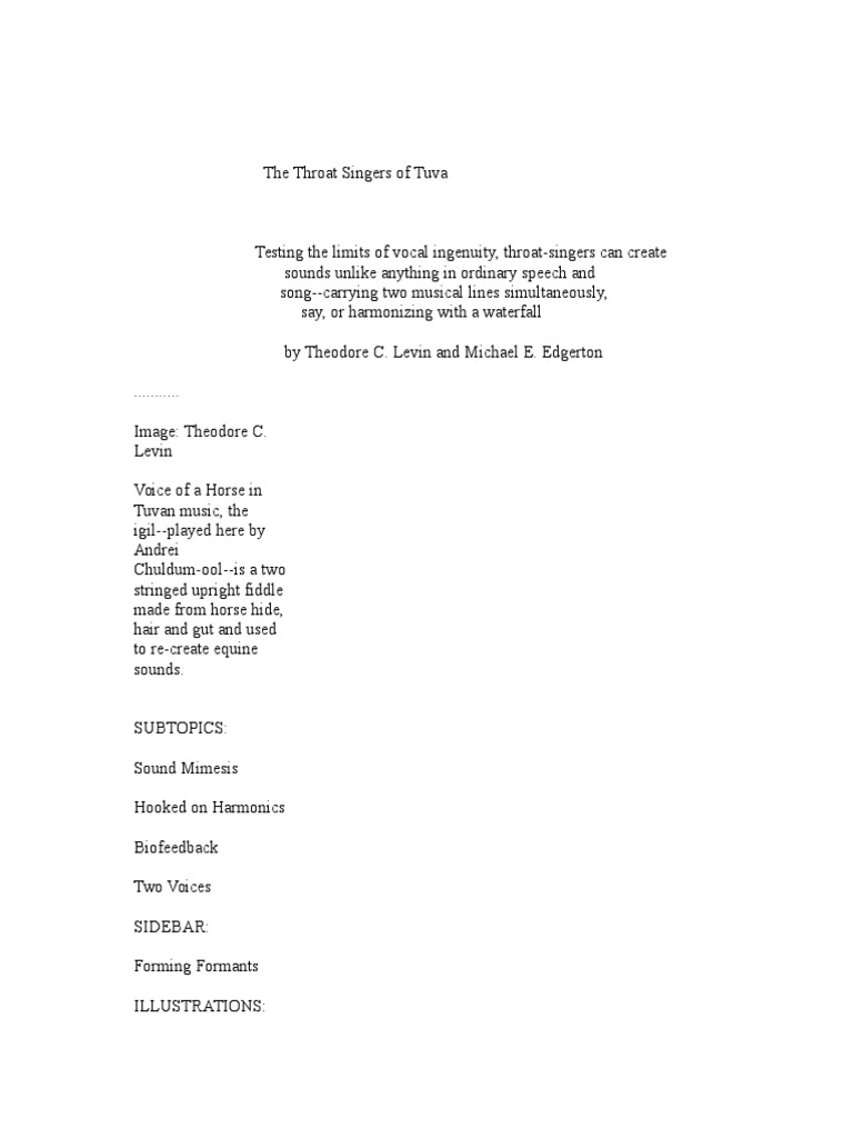 Throat Singing in Tuva: A Cultural Artistry | PDF | Singing | Harmonic