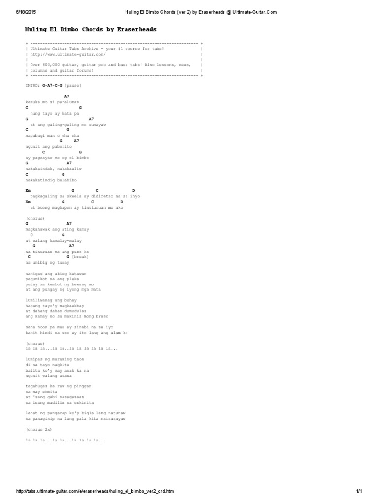 Huling El Bimbo Chords (Ver 2) by Eraserheads at UltimateGuitar PDF