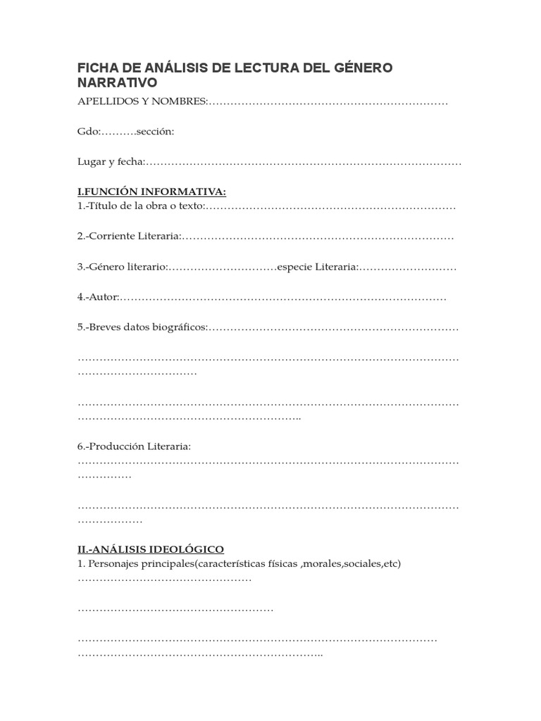 Ficha de Análisis de Lectura Del Género Narrativo