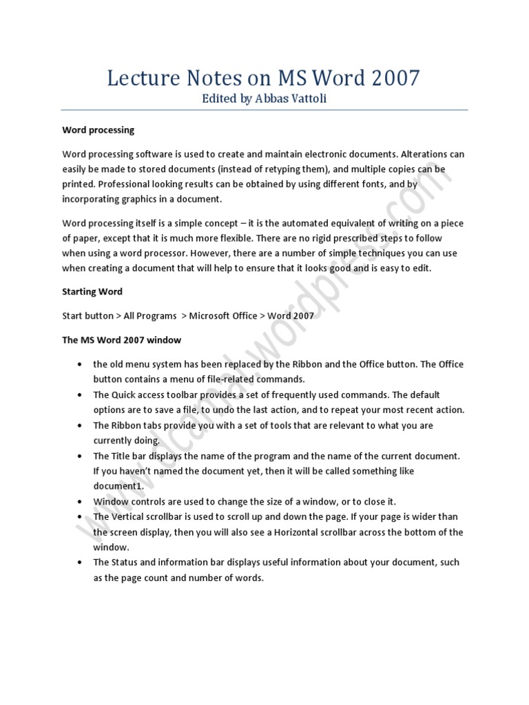 Ms Word 2007 Lecture Notes | PDF | Microsoft Word | Hyperlink