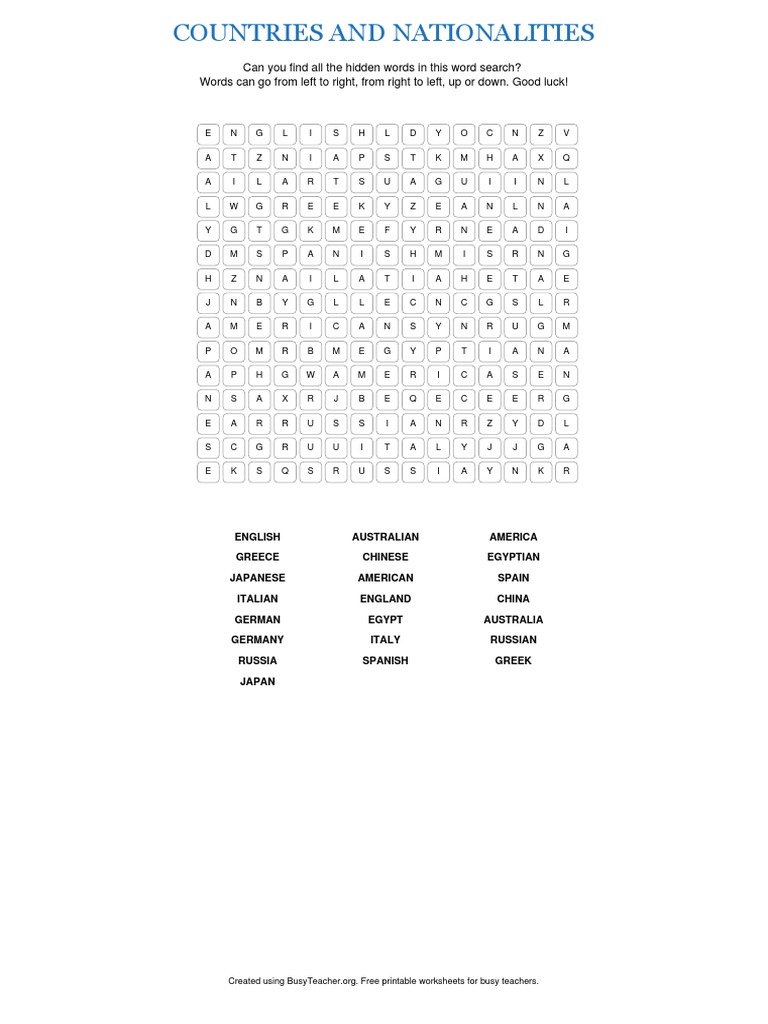 Countries and Nationalities - Word Search | PDF for Countries Word Search Free Printable