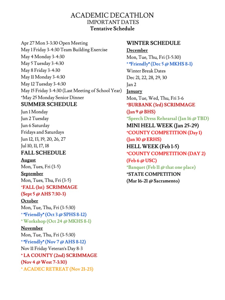 Academic Decathlon: Tentative Schedule Winter Schedule | PDF