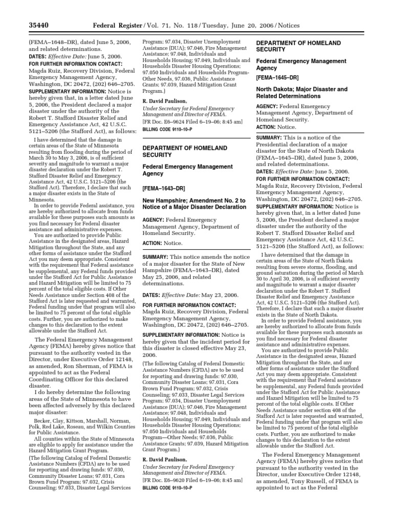 Major Disaster Declarations for MN, NH, ND | PDF | Federal Emergency ...