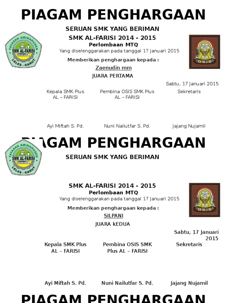  Piagam  Penghargaan Lomba Mtq 