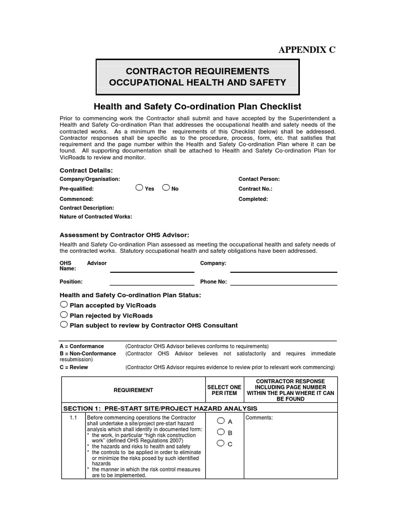 Contractor OHS Coordination Plan Checklist | PDF | Occupational Safety ...