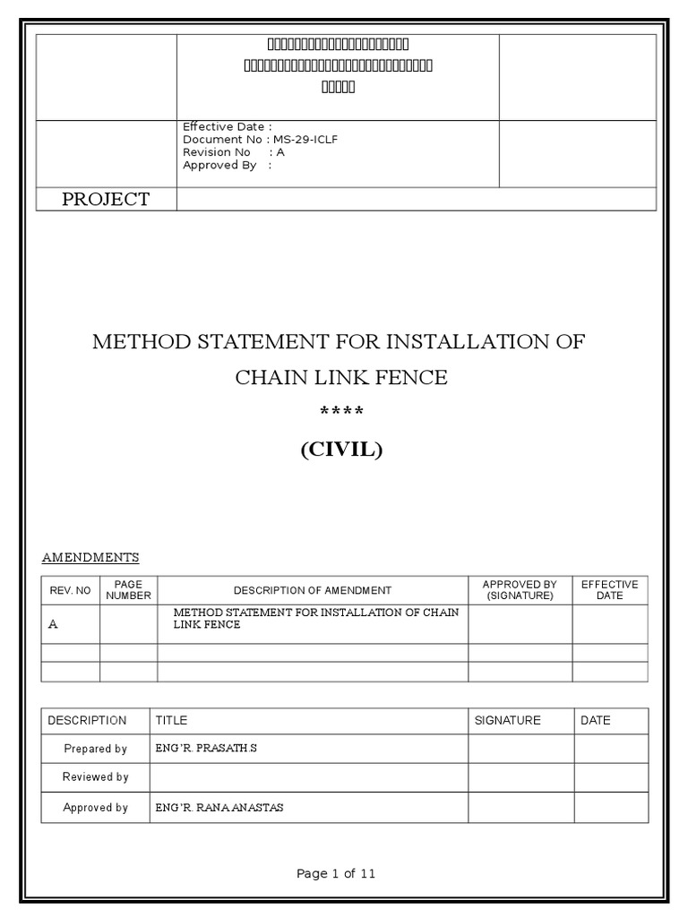 Method Statement For Installation of Chain Link Fence Rev 0 PDF Personal Protective