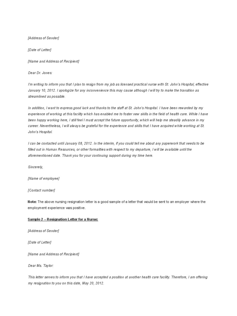 Resignation Leter Samples | Nursing | Nursing Home Care