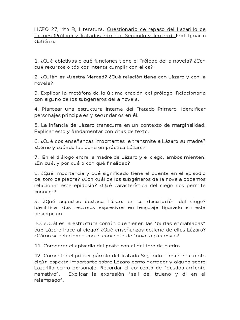 Cuestionario sobre Lazarillo de Tormes | PDF