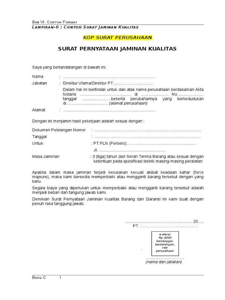 Contoh Surat Pernyataan Garansi Pekerjaan