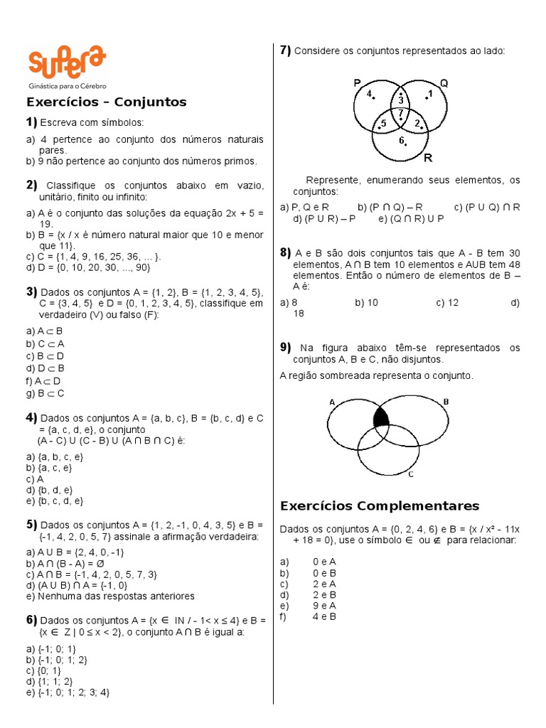 Exercícios - Conjuntos | PDF | Conjunto vazio (Matemática) | Conjunto ...