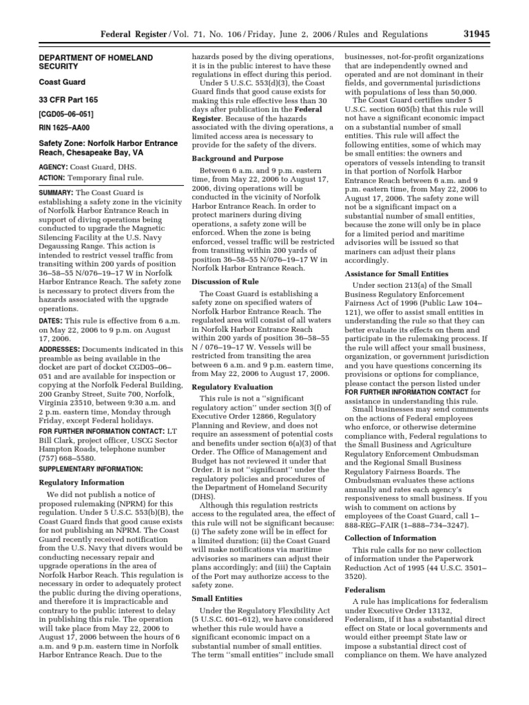 Rule Ports and Waterways Safety Regulated Navigation Areas, Safety Zones, Security Zones, Etc