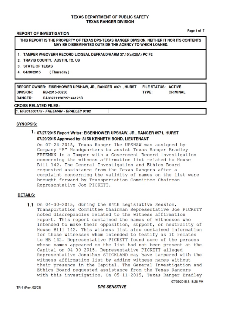 Third Supplemental Texas Rangers Report On Stickland Investigation | PDF