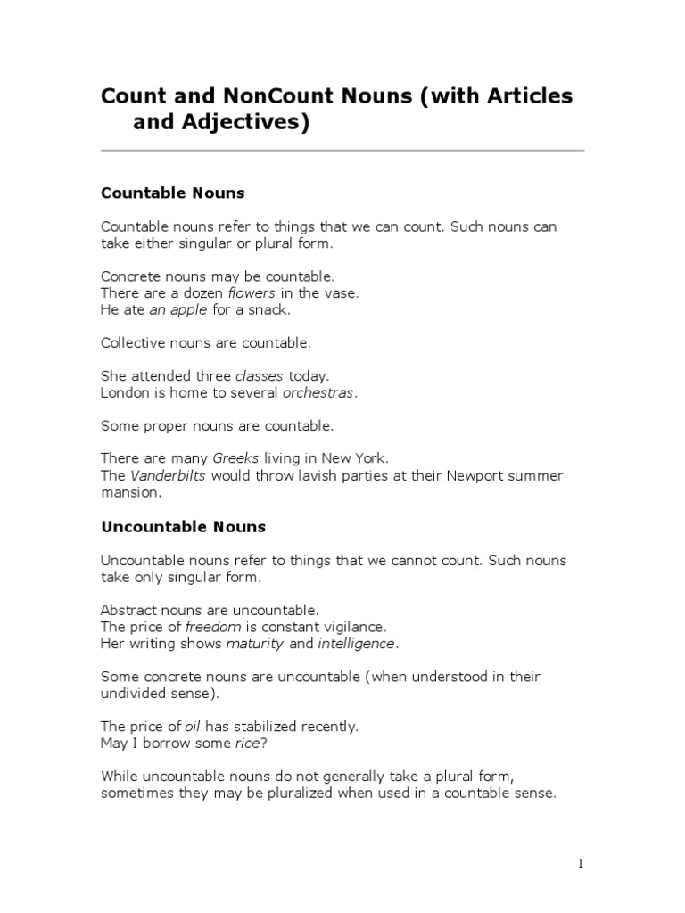 Count and NonCount Nouns PDF Noun Grammatical Number