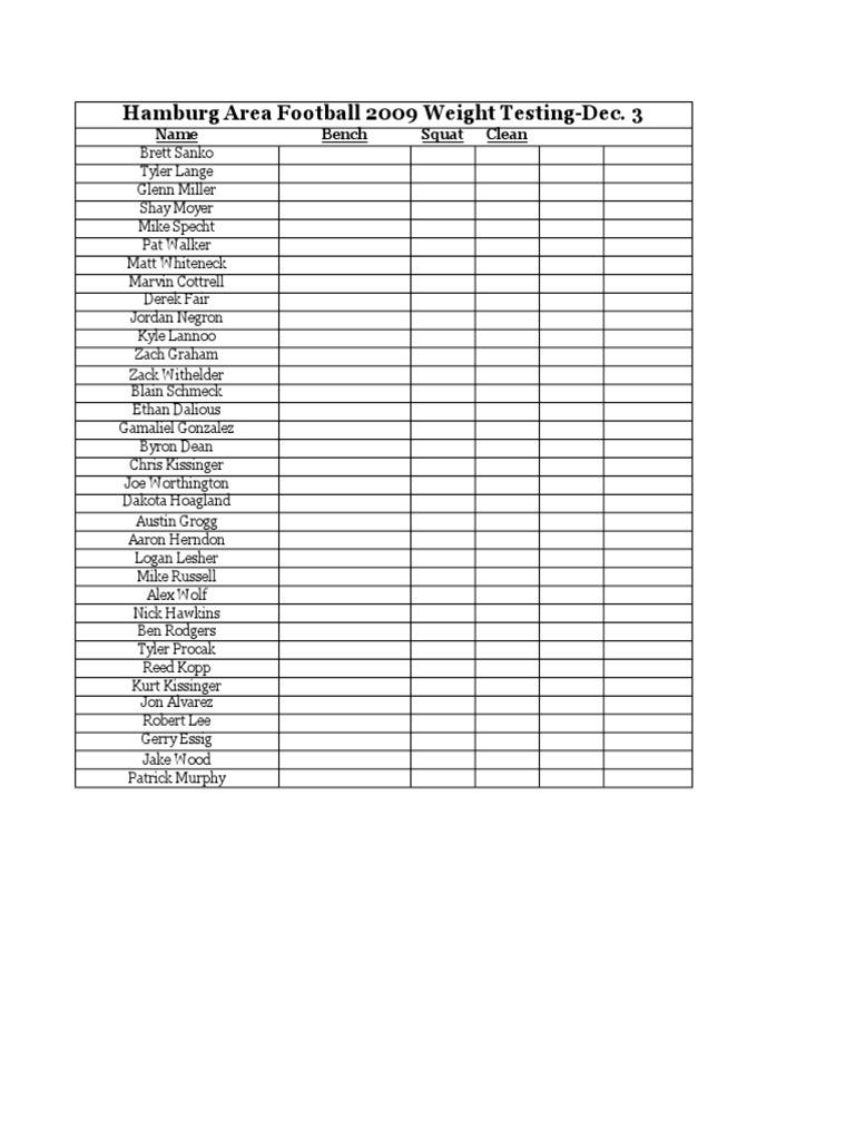 2009 Weight Testing Sheet | PDF | Sports & Recreation