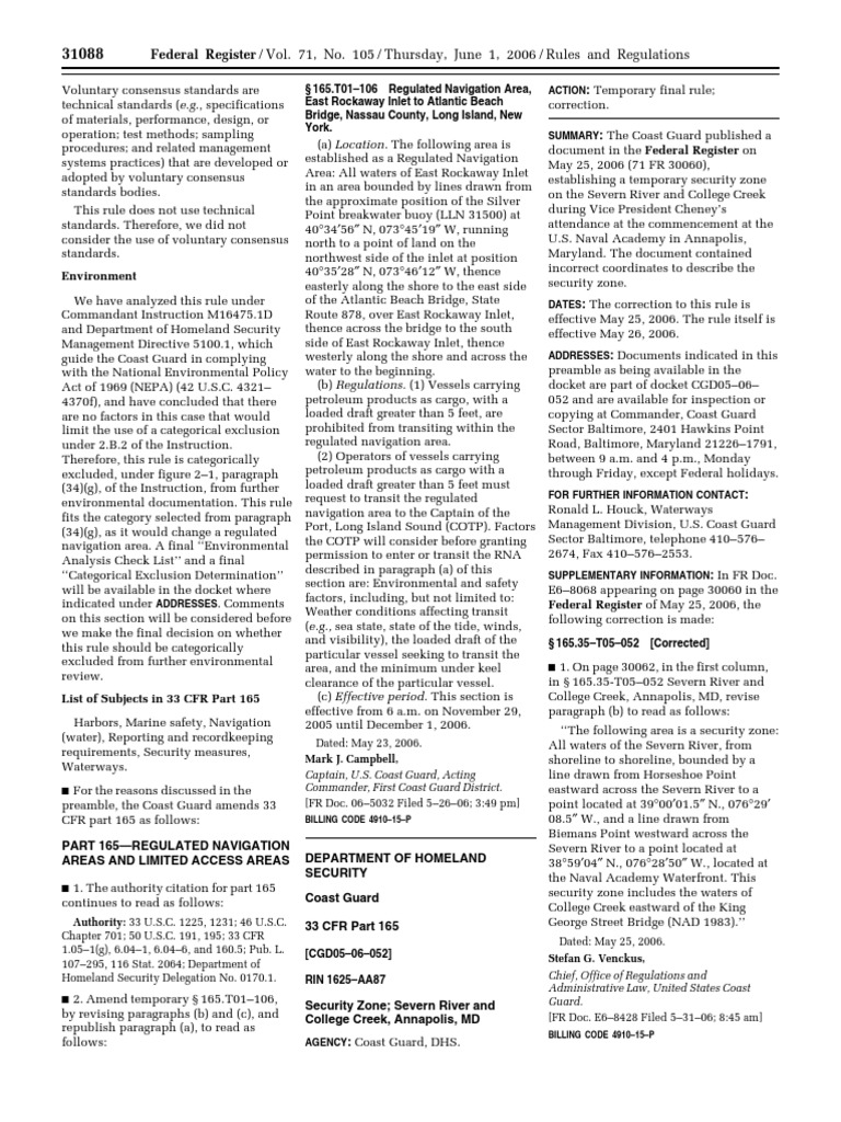 Rule Ports and Waterways Safety Regulated Navigation Areas, Safety Zones, Security Zones, Etc