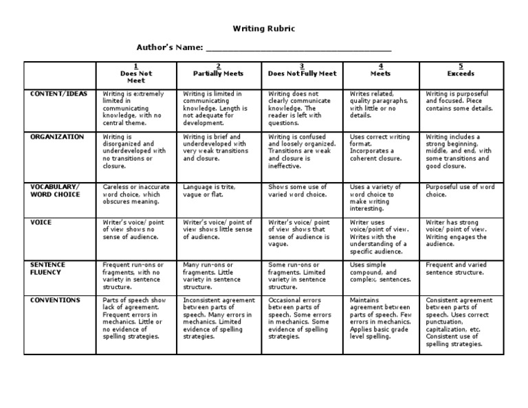 rubric for essay writing university