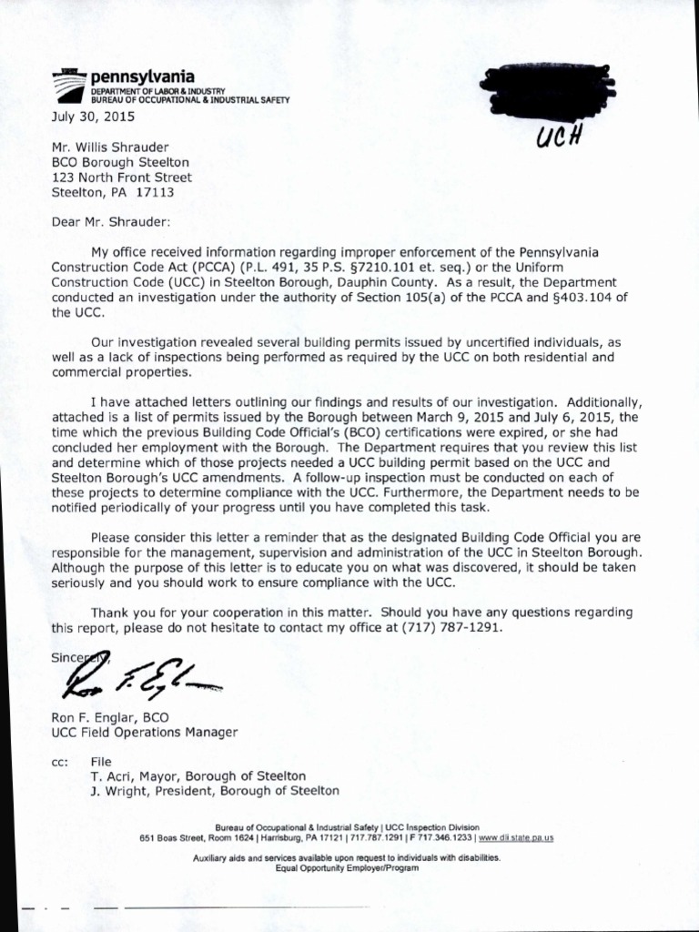 Labor and Industry Letter To Steelton BCO and Former BCO Download