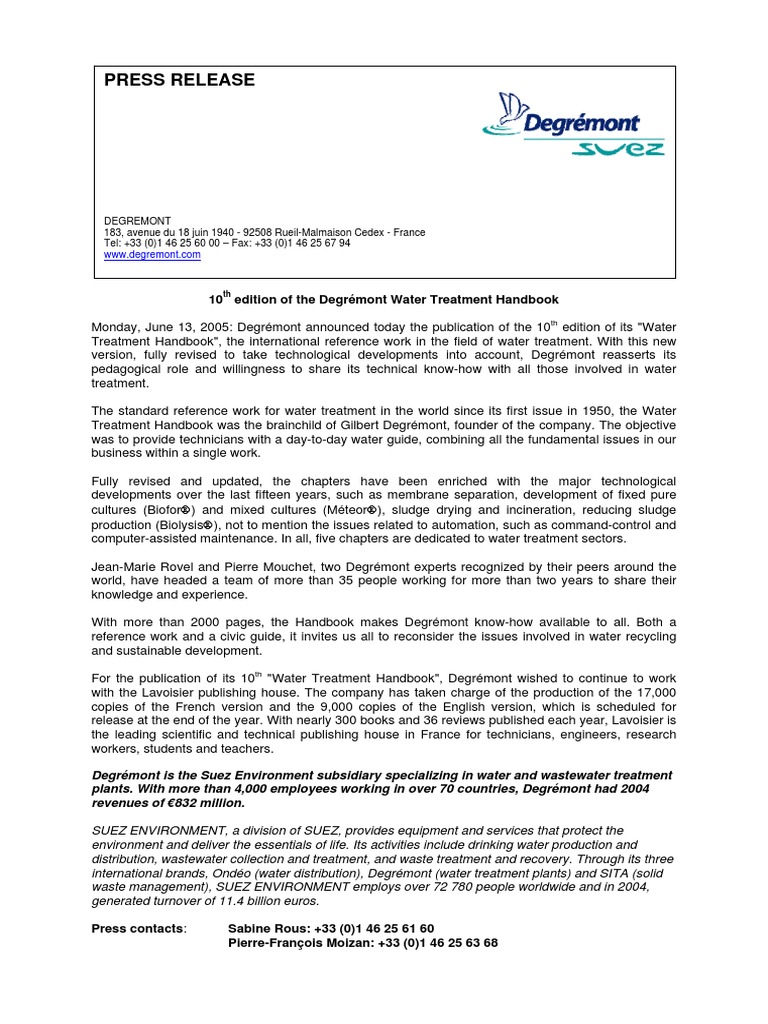 Press Release 10 Edition of The Degrémont Water Treatment Handbook