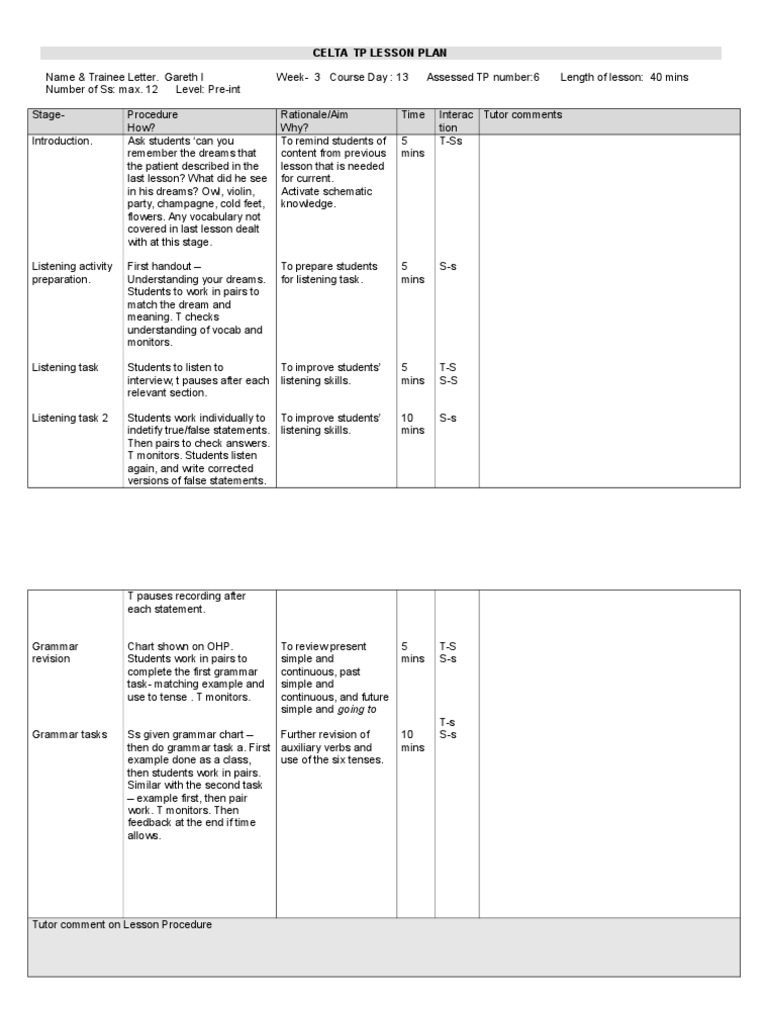 CELTA Lesson Plan for Listening & Grammar | PDF