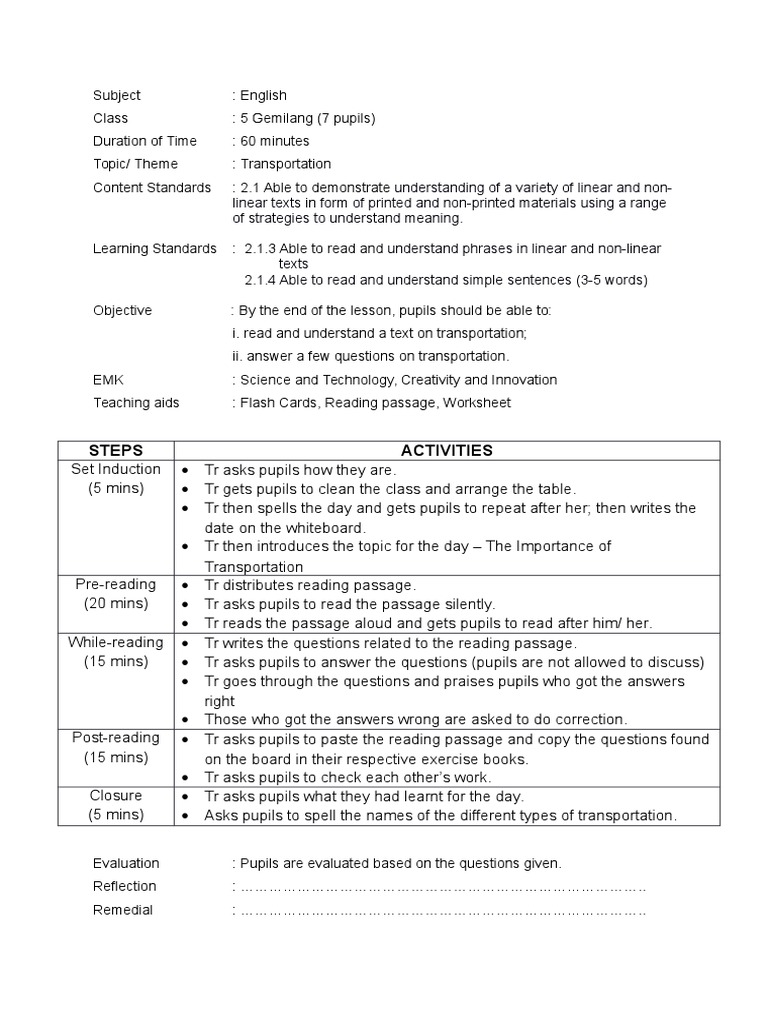 Sample Lesson Plan Reading Comprehension 1 Reading Comprehension