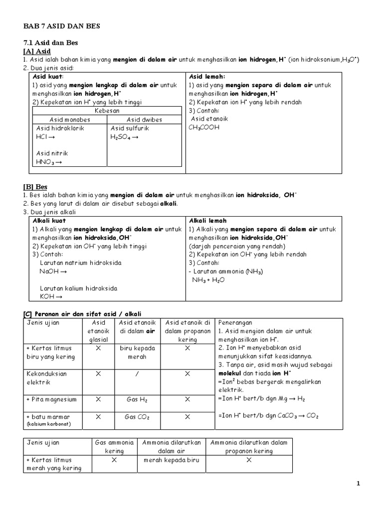 Bab 7 Asid Dan Bes 7 1 Asid Dan Bes A Asid Asid Kuat Asid Lemah Pdf
