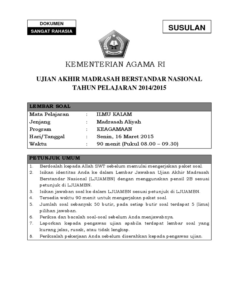 Soal Ilmu Kalam Ma Agm Susulan