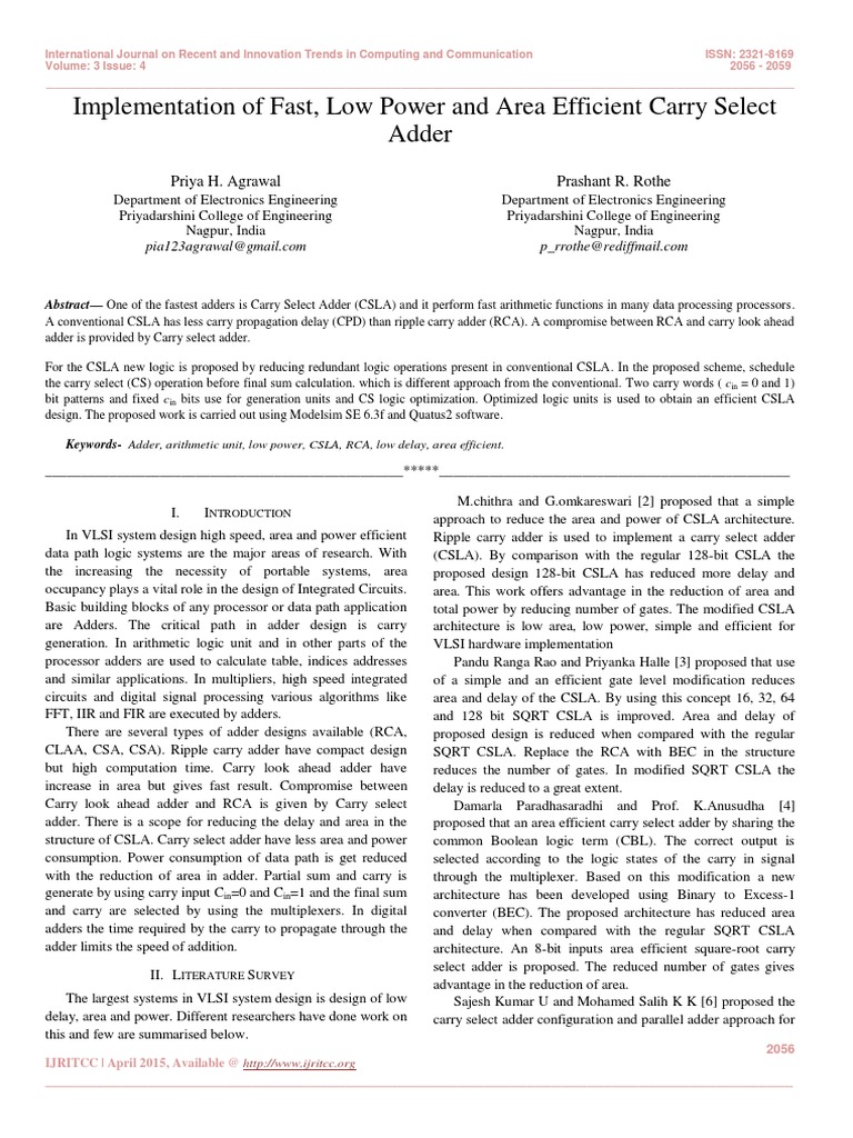 Implementation of Fast Low Power and Area Efficient Carry Select Adder ...