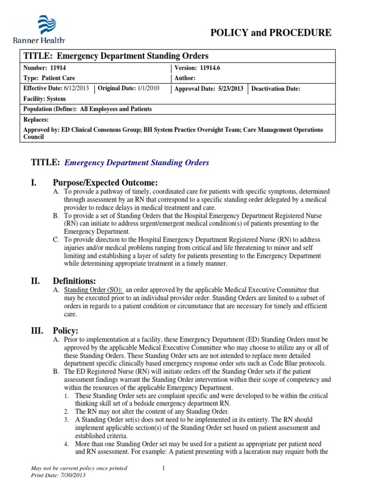 Emergency Department Standing Orders | PDF | Emergency Department ...
