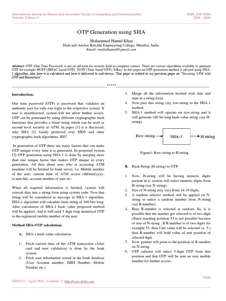 OTP Generation via SHA-1 | PDF | Password | Applied Mathematics