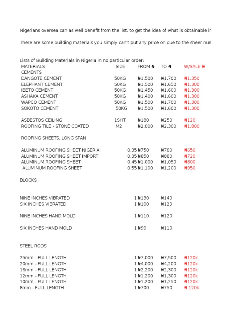 Price List For Building Materials PDF Building Materials Building Engineering