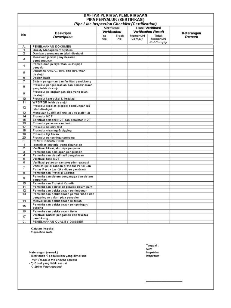 Contoh Checklist PIPELINE PDF