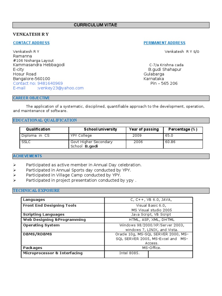 Venkatesh R Y - Software Developer CV | PDF | Microsoft Sql Server ...