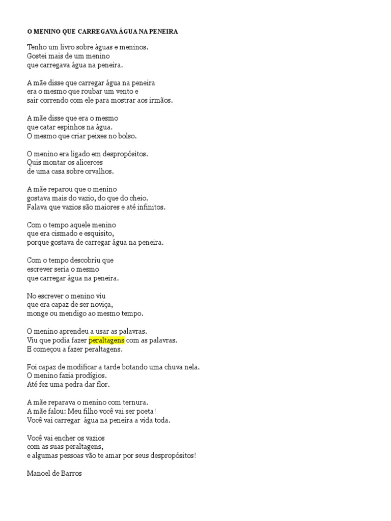 O Menino Que Carregava Água Na Peneira. Manoel de Barros | PDF