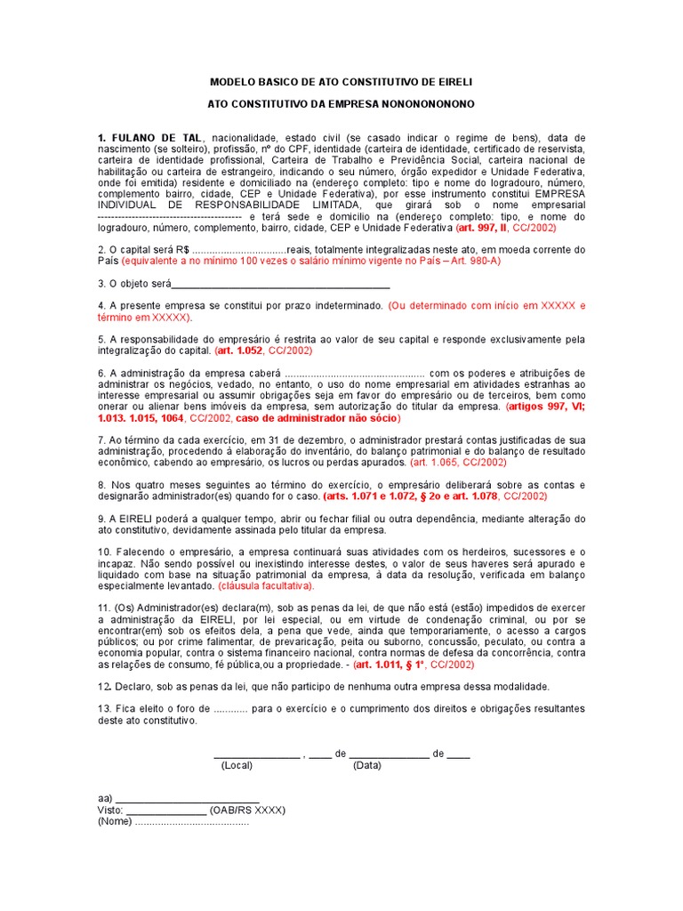 JUCERGS-Modelo Basico de Ato Constitutivo - EIRELI | PDF | Balancete ...