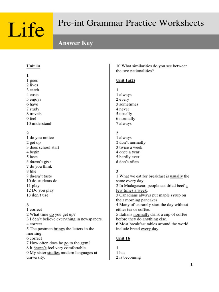 Pre-Int Grammar Practice Worksheets: Answer Key | PDF | Cooking, Food ...