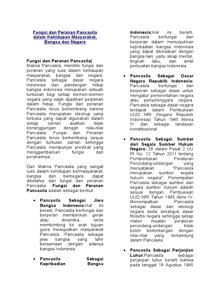 Fungsi Dan Peranan Pancasila Dalam Kehidupan Masyarakat