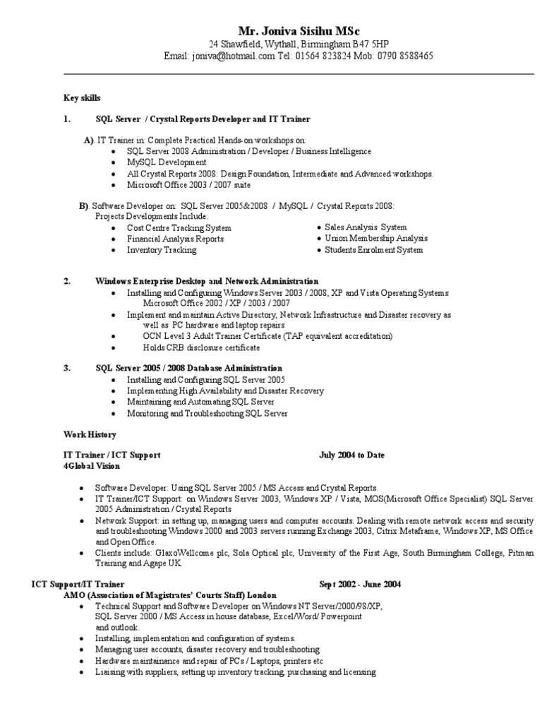 IT Trainer and SQL Developer Profile | PDF | Microsoft Access ...