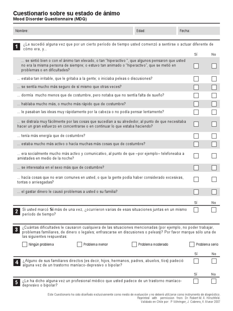 Cuestionario MDQ para Trastornos del Ánimo | PDF | Desorden bipolar ...