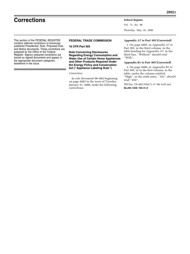 Corrections: Correction | PDF | Federal Register | Refrigerator