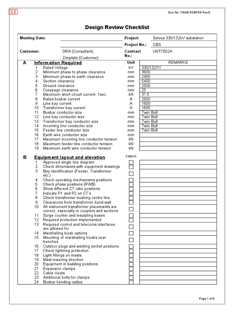 Design Review Checklist Insulator (Electricity) Electrical Substation