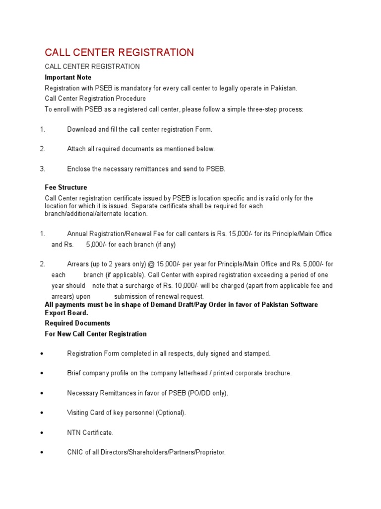 Registration Of It Company And Call Center In Pakistan With Pseb  